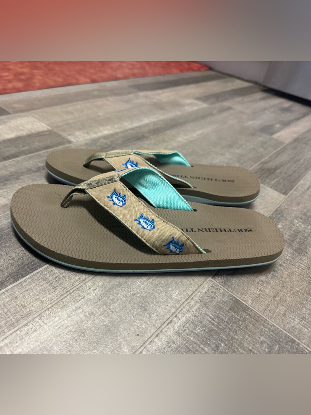 Southern Tide Flipjacks Unisex Olive & Teal Flip Flop Sandals -Size 10 Beach Y2K